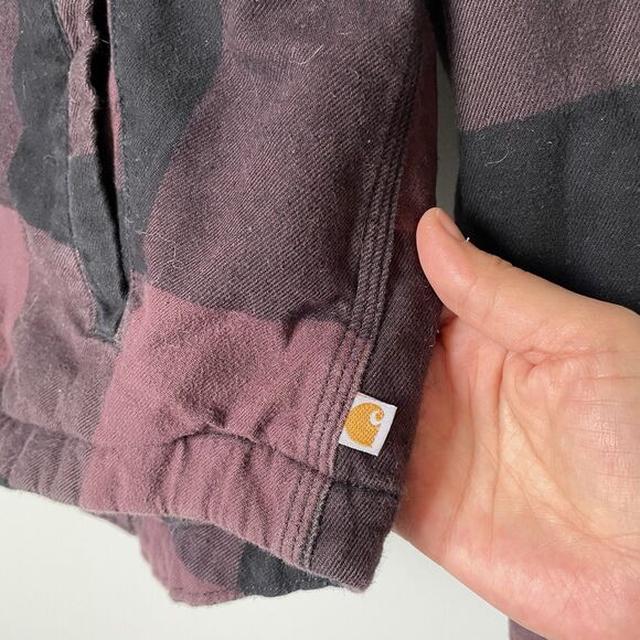 Carhartt Fleece Lined Flannel Button Up Black Maroon Long Sleeve Women's Large - Picture 8 of 11